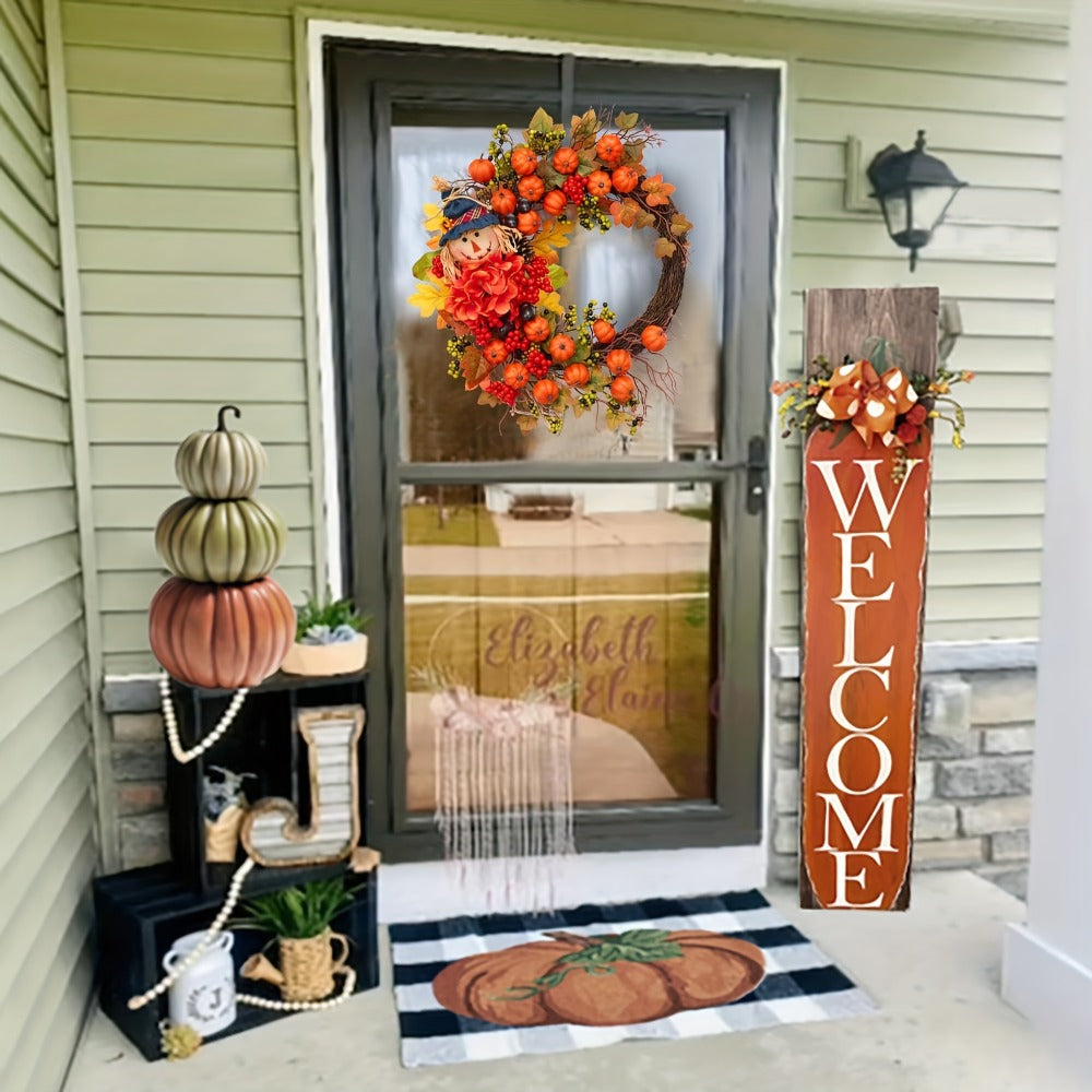Autumn Front Door Wreath with Pumpkins, Maple Leaves, Red Flowers and Harvest Doll Accent for Seasonal Decor