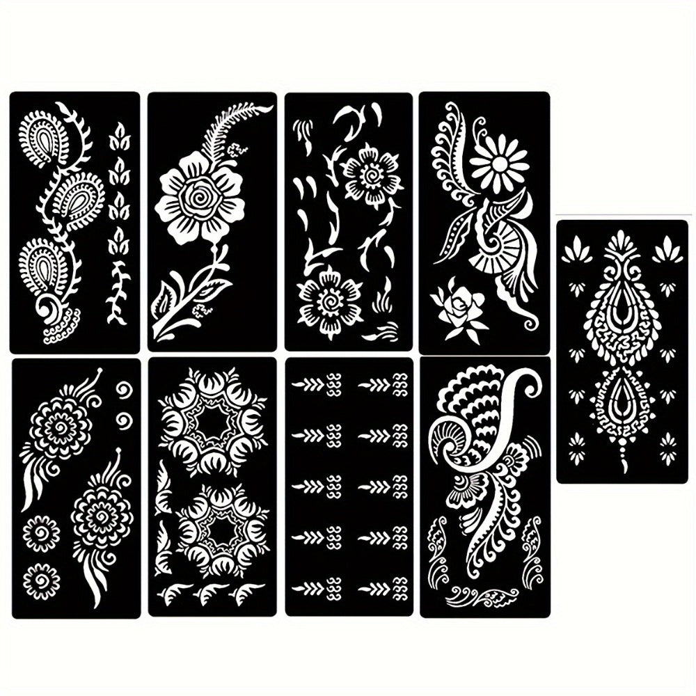Nine-Sheet Reusable Tattoo Stencil Set with Long Floral and Henna-Style Pattern Cards in HN1 or HN2