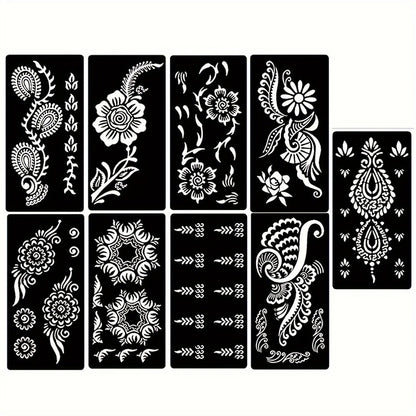 Nine-Sheet Reusable Tattoo Stencil Set with Long Floral and Henna-Style Pattern Cards in HN1 or HN2