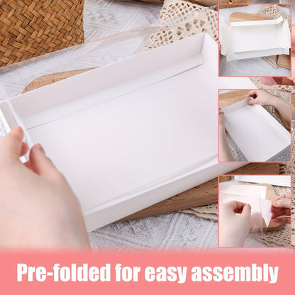 50-Pack White Pastry Presentation Boxes with Full Clear Lids and Pictured 9.5 x 6 x 1.2-Inch Size