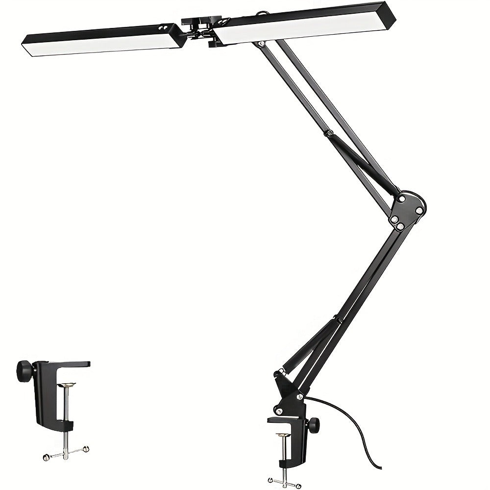 Dual-Head LED Desk Lamp with 28-Inch Light Bars, Clamp Base, USB Controller and Three Color Modes