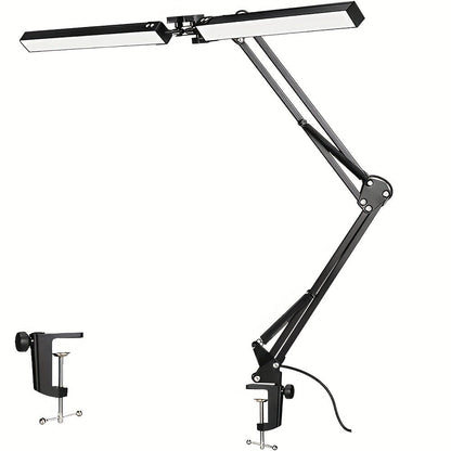 Dual-Head LED Desk Lamp with 28-Inch Light Bars, Clamp Base, USB Controller and Three Color Modes
