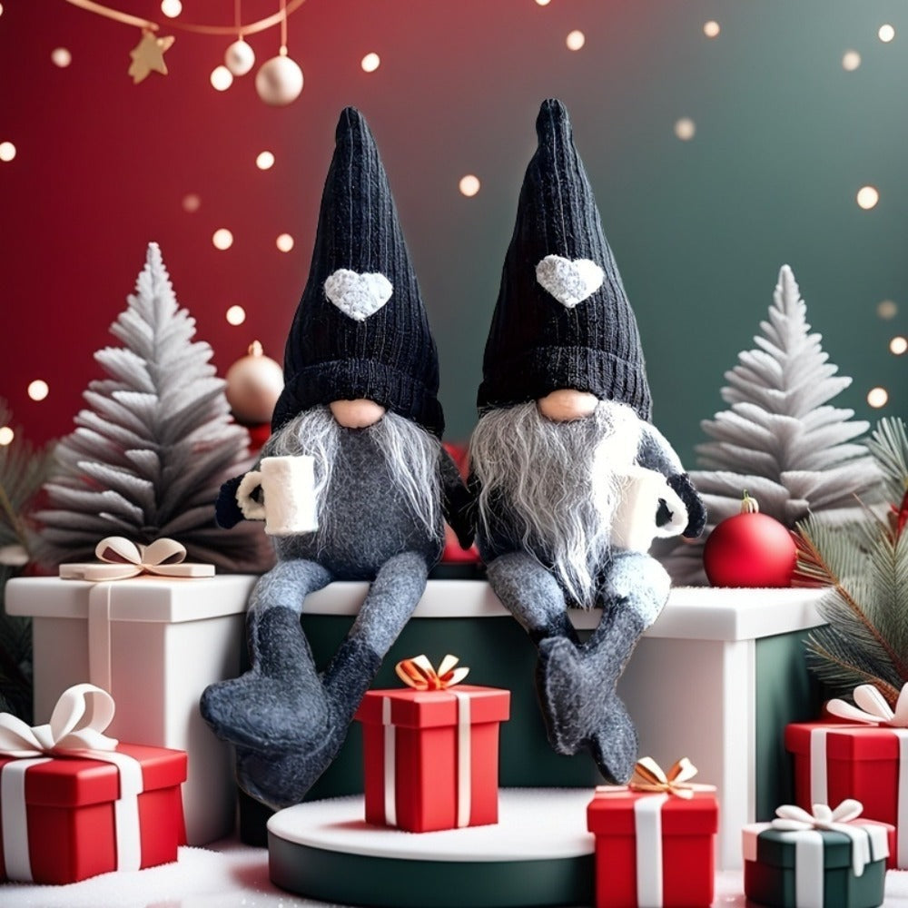 Sitting Gnome Figurine Set of Two with Long Heart-Accent Hats in Black, Khaki or Red Style Options