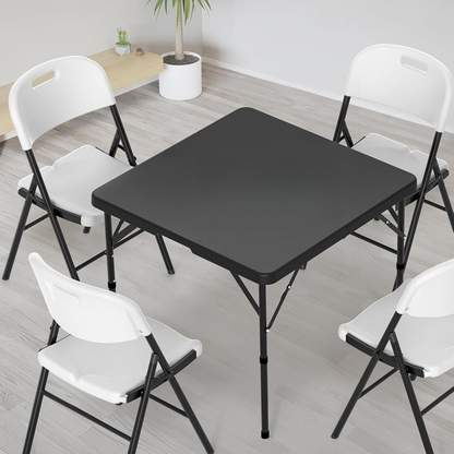 Portable Square Bi-Fold Table with Carry Handle in Black or White, Approximately 34 Inches Wide