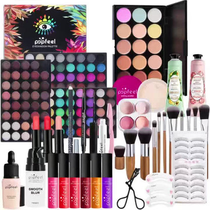 Makeup Gift Set POPFEEL 29-Color Eyeshadow Palette + Mascara + Eyeliner + Brow Pencil + Highlighter Powder + 7-Piece Brush Set | Complete Eye & Face Kit for All Skin Types | Beginner Friendly