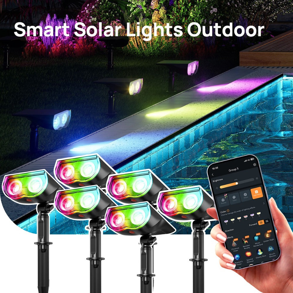 Solar Outdoor Spotlights RGB Smart Color Changing – App & Voice Control, Music Sync, 16M Colors, 14H Battery, Waterproof Landscape Accent Lights | 4 & 6 Pack
