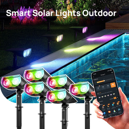 Solar Outdoor Spotlights RGB Smart Color Changing – App & Voice Control, Music Sync, 16M Colors, 14H Battery, Waterproof Landscape Accent Lights | 4 & 6 Pack