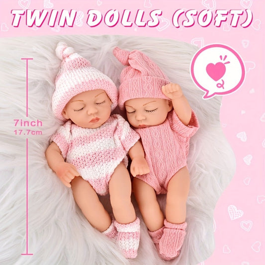 Twin Baby Doll Set 2 Pcs 7 Inch Simulated Reborn Newborn Dolls – Adorable Lifelike Mini Twin Dolls Both Included, Nurturing Role Play, Cute Birthday Christmas Holiday Gift for Kids Girls Ages 3+
