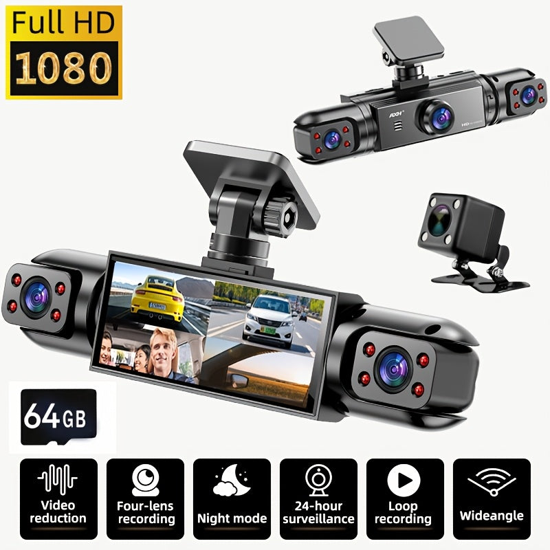 360° Panoramic Dash Cam 3 & 4 Lens 1080P HD Front + 720P Rear Left Right, Quad-Split Screen, HD Night Vision WDR G-Sensor Loop Recording, Full Coverage Car Camera, 32GB/64GB SD Card Options