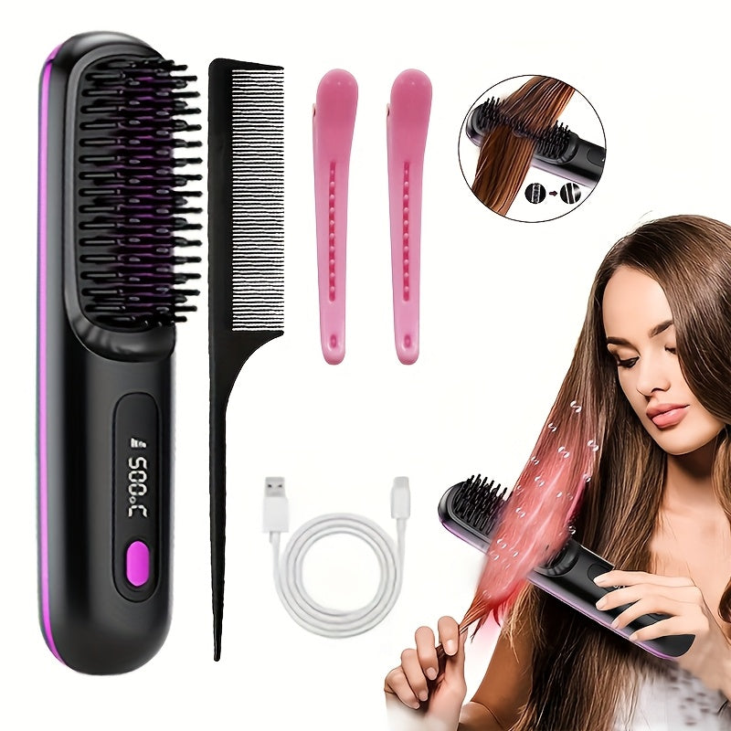 Cordless Hair Straightening Brush with USB-C Charging, Three Heat Levels and Black or White Options
