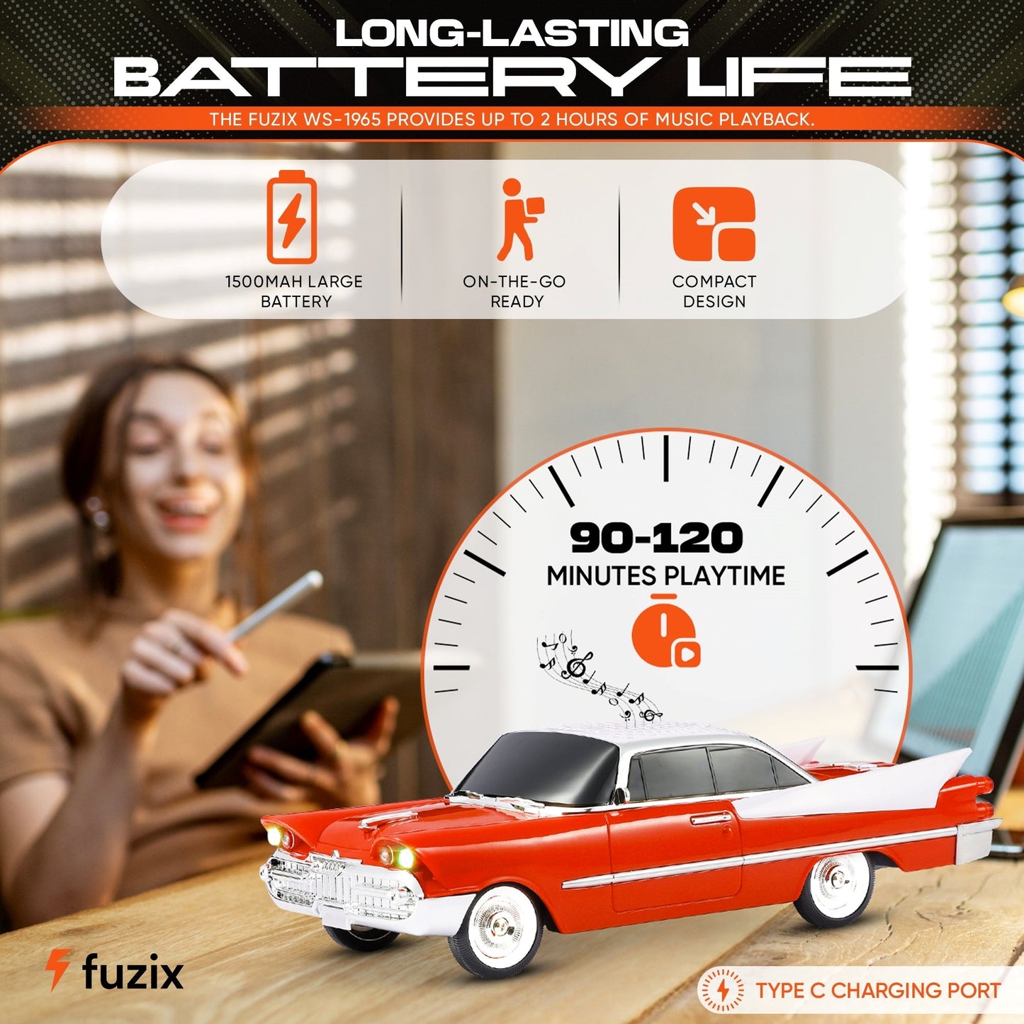 Portable Bluetooth Speaker Fuzix WS-1965 Retro Car with LED Lights, Mic, FM, AUX, USB and TF