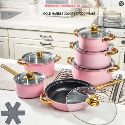 Stainless Steel Deep Pot Cookware Set 10 & 12 Piece with Lids & Dual Handles – Oven Safe Soup Hot Pot Pasta Seafood Stew Pots | Silver Pink Gold | Home Restaurant Cooking Gift Set