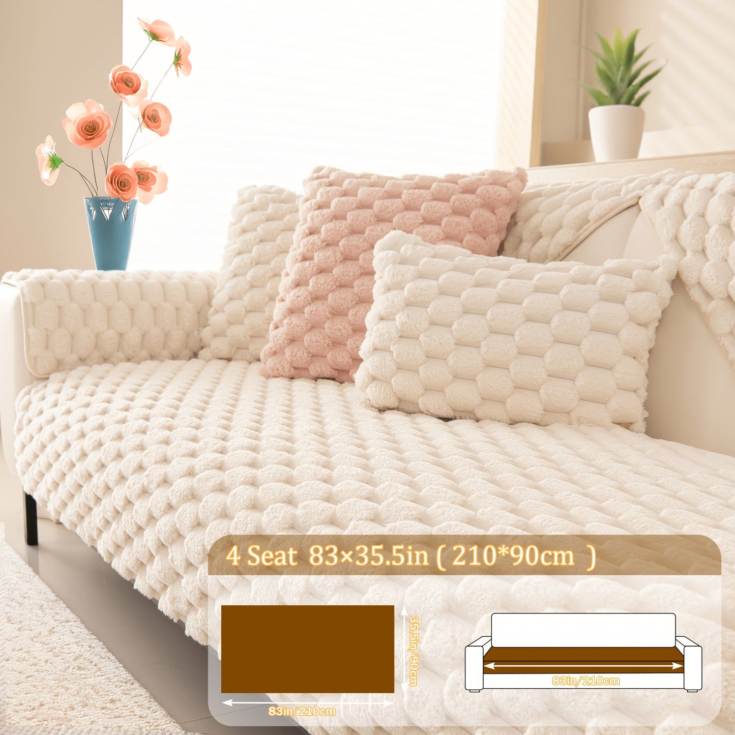Sofa Cover 35.5-Inch Fuzzy Polyester Single-Piece Pad with Silicone Non-Slip Backing for 2 to 4 Seats