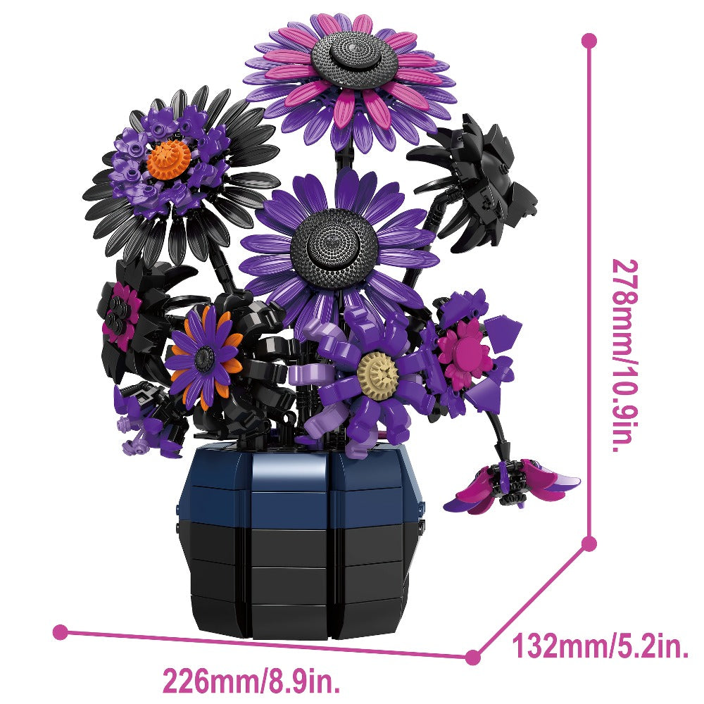 Sunflower Bouquet Building Block Set with Purple Art-Inspired Flower Design for Adult Home or Desk Display