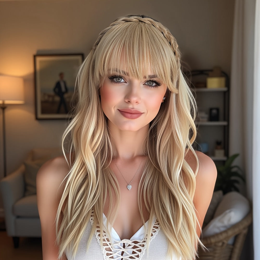 Headband Hair Extension with Bangs Synthetic — Women's Clip-On Fringe, 4 Colors: Black, Reddish Brown, Light Brown, Khaki, 4 Inch, Cosplay, Halloween & Party