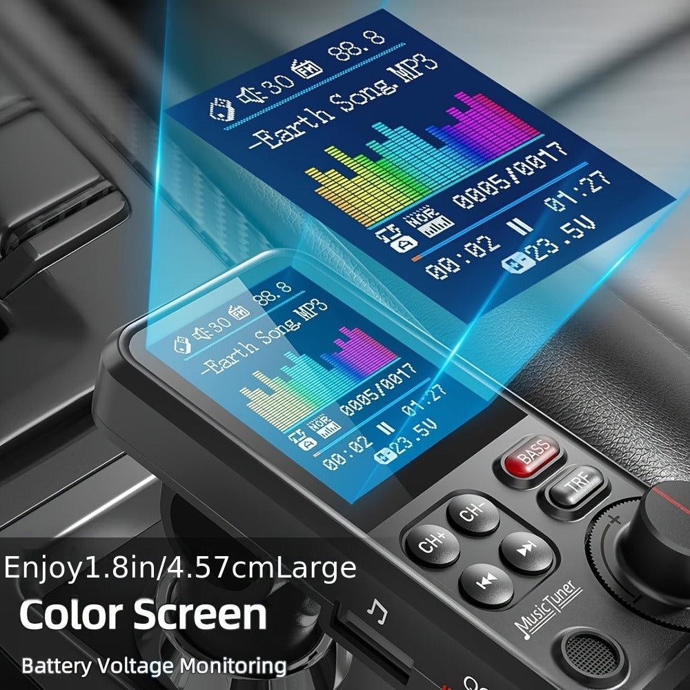 Car FM Bluetooth Transmitter with 1.8" Color Screen – 18W Fast Car Charger, Hands-Free Calls, Music Streaming, FM Modulator, Powerful Microphone, Compatible with Smartphones & Tablets
