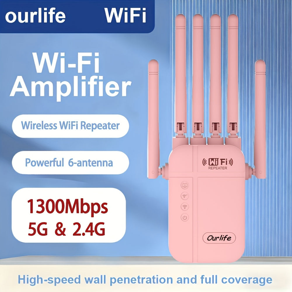WiFi Range Extender Ourlife 1300Mbps Dual-Band 2.4/5GHz with Six Antennas and Five Color Configurations