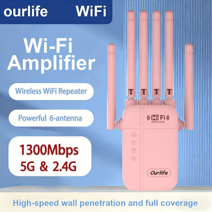 WiFi Range Extender Ourlife 1300Mbps Dual-Band 2.4/5GHz with Six Antennas and Five Color Configurations
