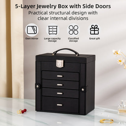 Large Jewelry Box 5-Tier PU Leather Organizer with Lock & Mirror – Storage Case for Bracelets, Earrings, Rings & Necklaces