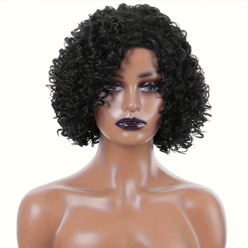 Synthetic Wig 12-Inch Short Kinky Curly Afro with Elastic Cap in Black or Mixed Brown for Daily Looks