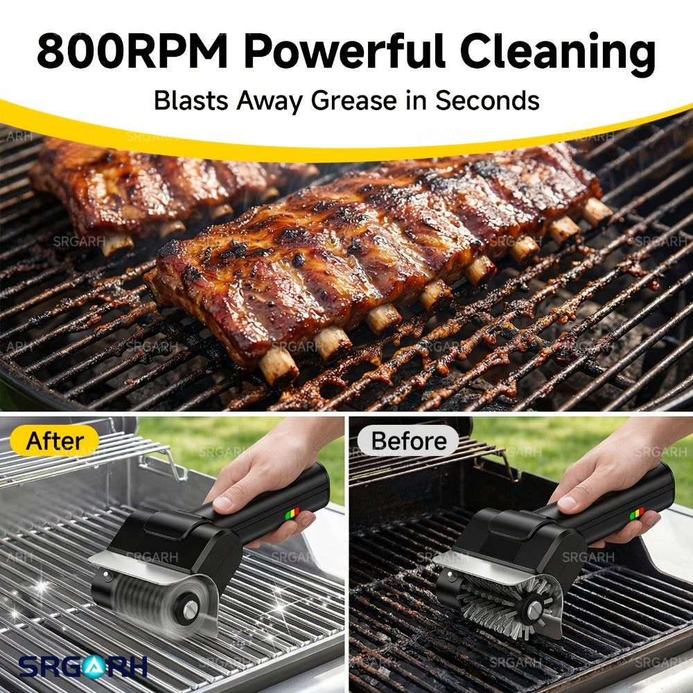 Electric BBQ Grill Brush Cordless Rechargeable Grill Cleaner with 800 RPM Rotating Head, 2000mAh Battery, 304 Stainless Steel Bristles – Outdoor Grilling Tool, Father's Day Gift