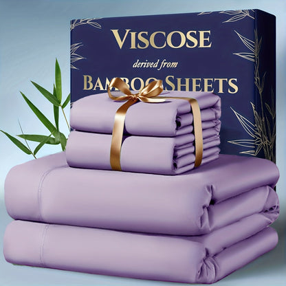 Viscose-from-Bamboo Four-Piece Sheet Set with Deep-Pocket Fitted Sheet, Twin to King Sizes and 12 Colors