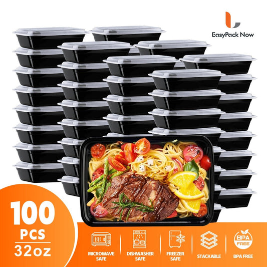 Food Storage Containers 100-Piece Black Meal Prep Set with 50 Boxes, 50 Lids and 32 oz Capacity