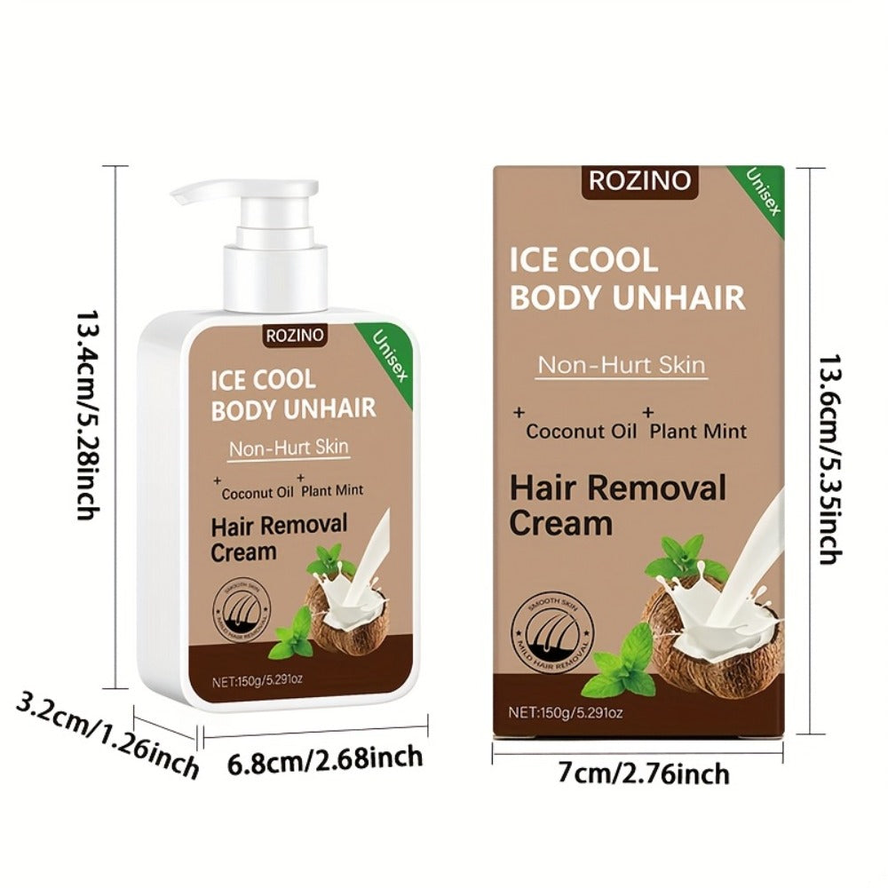 Hair Removal Cream ROZINO 150g Coconut and Mint Pump Bottle with Carton for External Body Grooming