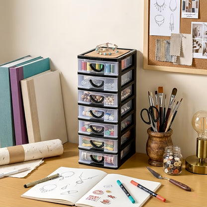 Seven-Drawer Desktop Organizer in Black or White, One- or Two-Piece Set with Clear Front Drawers