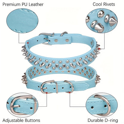 Rivet-Studded Dog Collar and Matching Leash Set with Metal Buckle, Five Colors and XS–XXL Sizing