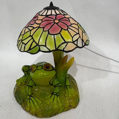 Table Lamp with 3D Frog Base, Floral Art-Glass Shade and Single Corded Decorative Design for Bedside Decor