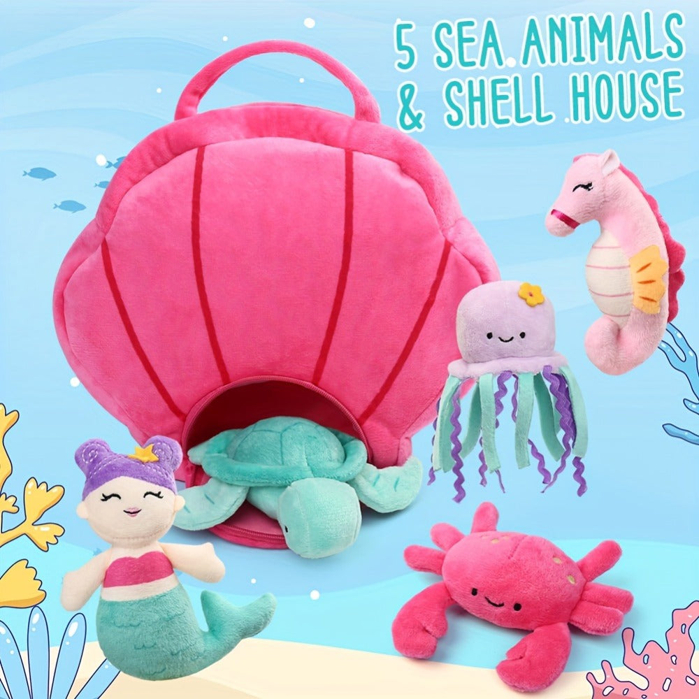 Ocean Stuffed Animal Set 5 Piece — Mermaid Turtle Octopus Seahorse Crab Sea Creature Plush Toys with Pink Shell Carrying Bag for Kids Toddlers Girls Boys | Birthday Christmas Baby Shower Gift