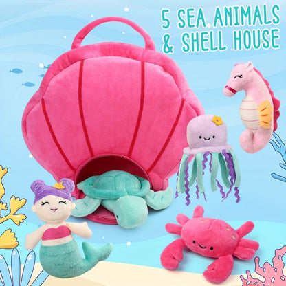 Ocean Stuffed Animal Set 5 Piece — Mermaid Turtle Octopus Seahorse Crab Sea Creature Plush Toys with Pink Shell Carrying Bag for Kids Toddlers Girls Boys | Birthday Christmas Baby Shower Gift