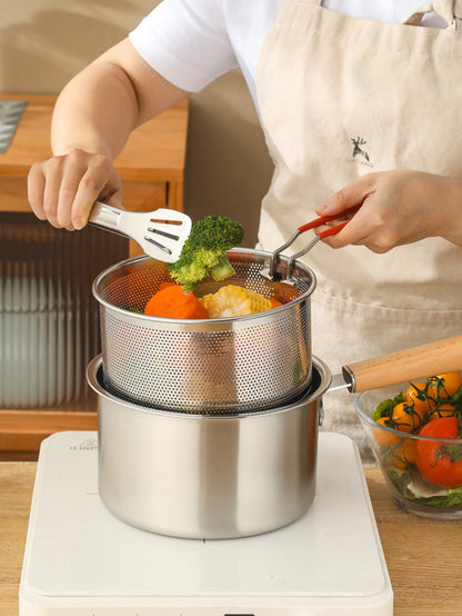 Stainless Steel Deep Fryer Pot Set with Frying Basket & Glass Lid, Non-Stick Multi-Function Cookware for Deep Frying, Noodles, Steaming & Ricotta, Induction & Gas Compatible