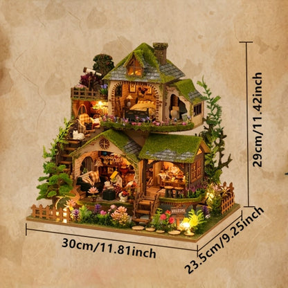 Wooden Forest Hut Miniature Model Kit with Multi-Level Cabin Scene, Lighting Details and Forest Adventures Label