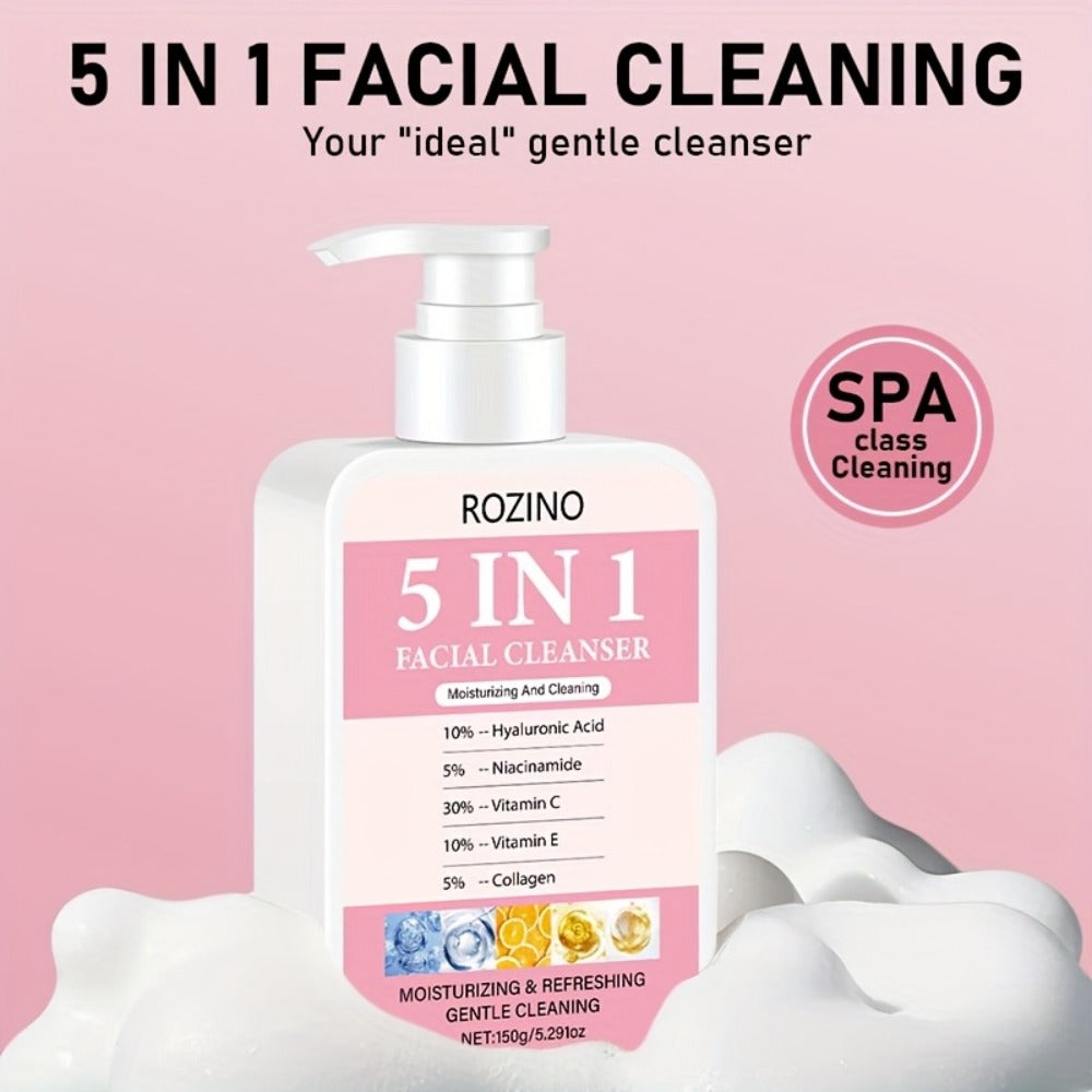 Brightening Face Wash 5-in-1 with Hyaluronic Acid Niacinamide Vitamin C Vitamin E & Collagen - Rich Foam Deep Cleansing Moisturizing Glow Facial Cleanser for Women 150g