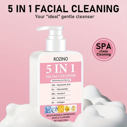 Brightening Face Wash 5-in-1 with Hyaluronic Acid Niacinamide Vitamin C Vitamin E & Collagen - Rich Foam Deep Cleansing Moisturizing Glow Facial Cleanser for Women 150g