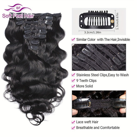 Clip In Human Hair Extensions Body Wave 8pcs 120g Full Head Real Human Hair Clip Ins Natural Black 1B Thick Voluminous Seamless Blend Heat Styleable Dyeable Women 12-26 Inch
