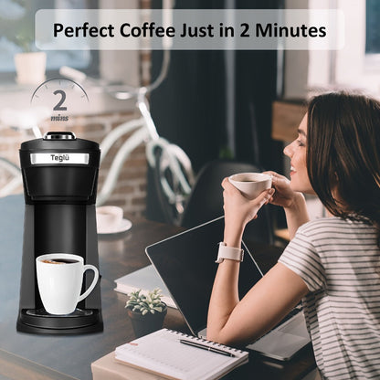 Single-Serve Coffee Maker for Pods or Grounds with 6-14oz Fill Labels, One-Button Control and Four Colors