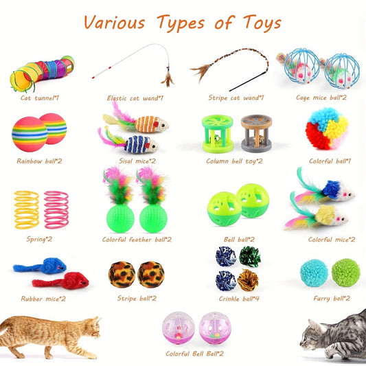 Cat Toy 32-Piece Assortment with Rainbow Tunnel, Feather Wand, Bell Balls, Mice and Crinkle Toys