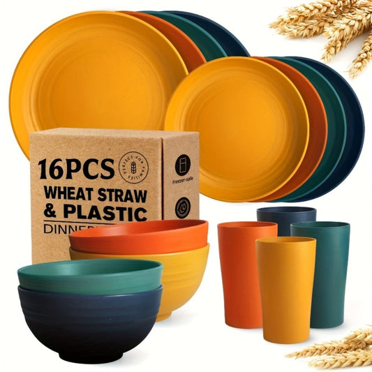 Wheat Straw Dinnerware Set 16 or 32 Piece – Plates & Bowls for 4 or 8 People, Microwave & Dishwasher Safe Plastic Dish Set, Lightweight Colorful Tableware for Home, Party & Holiday