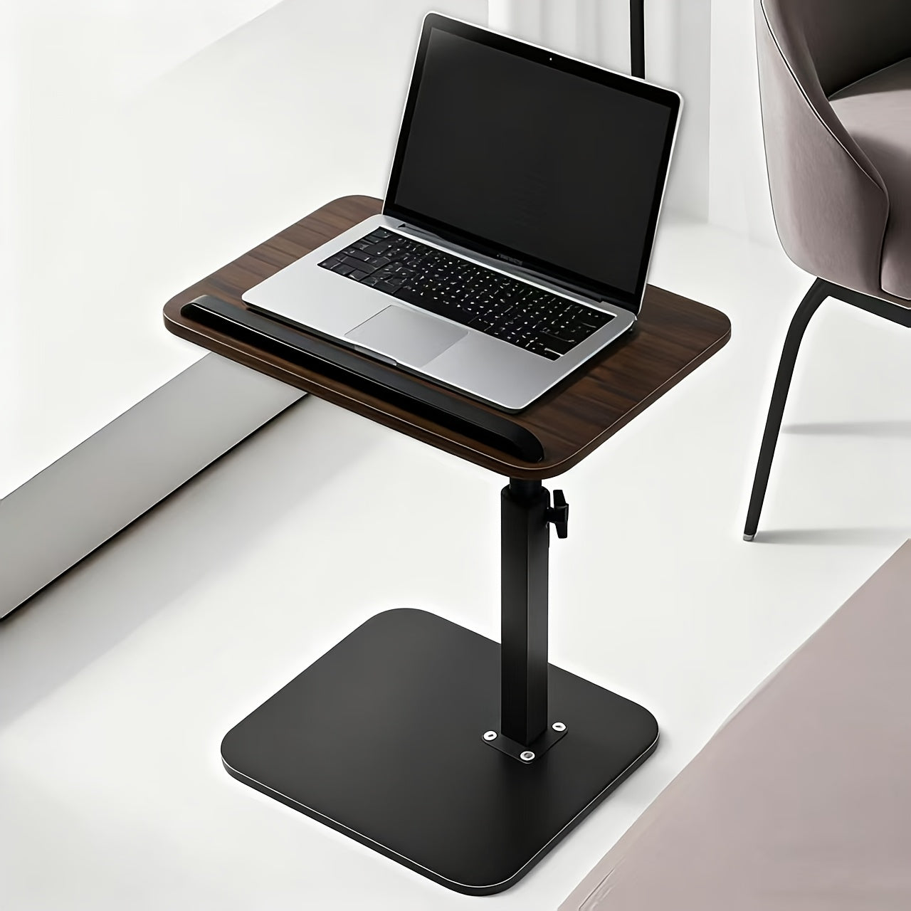 Floor Laptop Tray Table with 360-Degree Swivel Top, Adjustable Support Rod and Walnut or Black Options