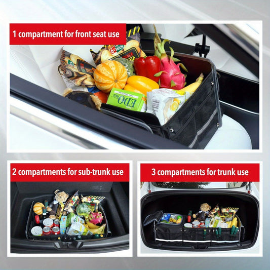 Car Trunk Organizer 5-in-1 Collapsible – 3 Compartments with Insulated Cooler Bag | Removable Dividers, Foldable Lid & 2 Tie-Down Straps | SUV Cargo Storage