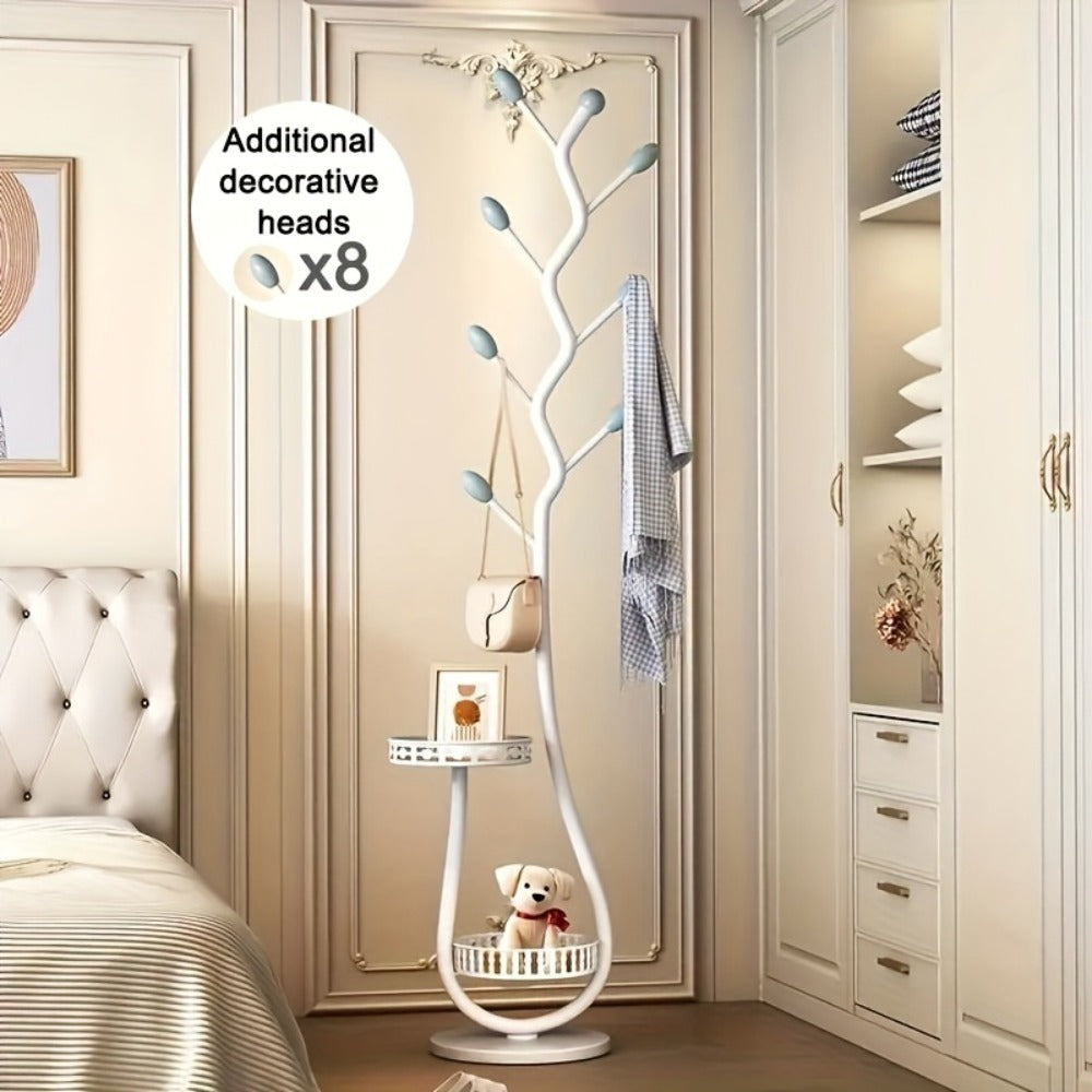 Freestanding Coat Tree with Branching Hooks, Circular Lower Shelf and White, Black or Golden Finish
