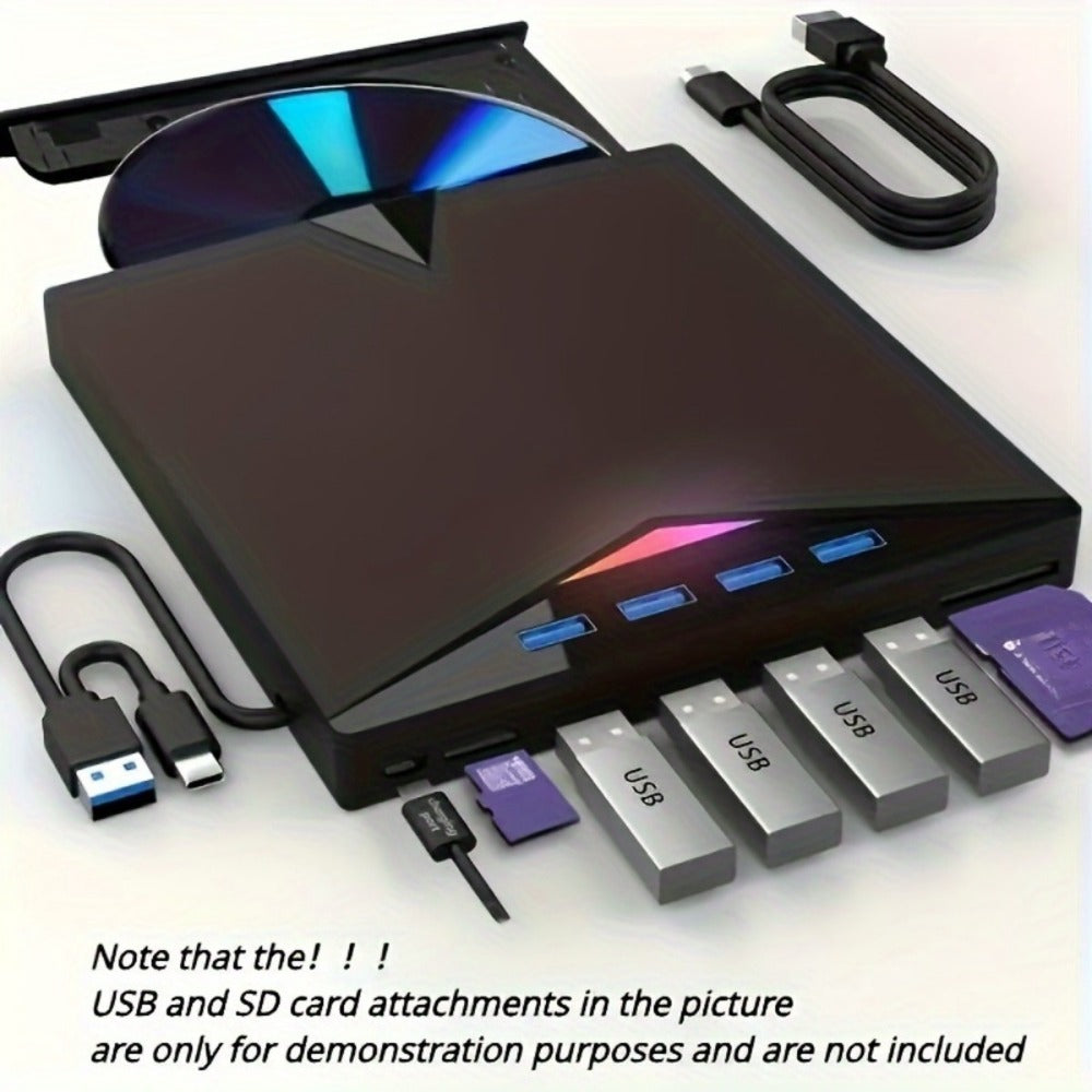 7-in-1 External DVD Drive USB 3.0 with 4 USB Ports & Dual TF/SD Card Reader - High-Speed CD/DVD Burner for Laptop Mac PC, Compatible with Windows 11/10/8/7, Linux, Plug and Play, Office Travel