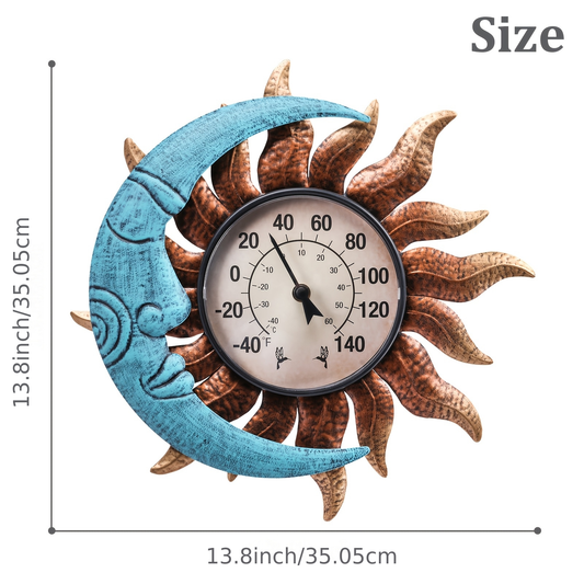 Outdoor Wall Thermometer with Sun & Moon Art – IPX4 Waterproof, Decorative Patio Garden Thermometer for Indoor Outdoor Use