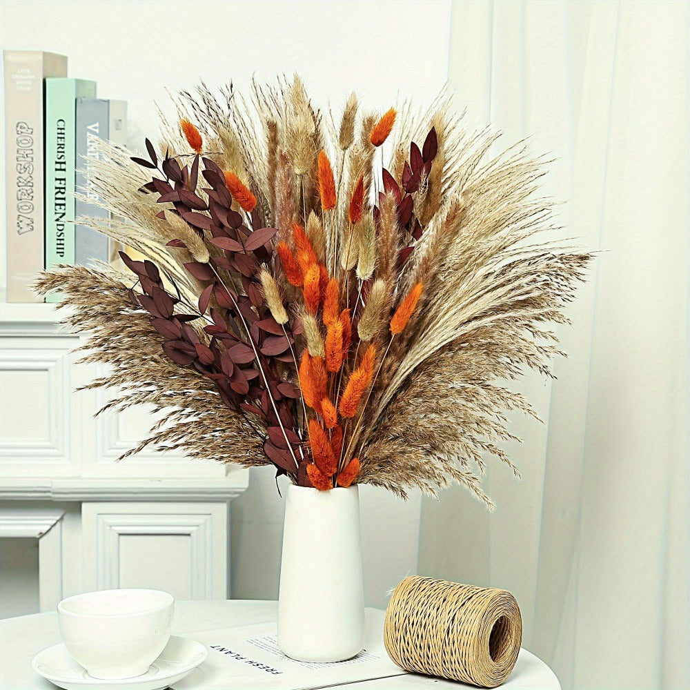 Artificial Pampas-Style Bouquet, 72-Piece 17-Inch Autumn Mix with Feathery, Reed and Leaf Stems