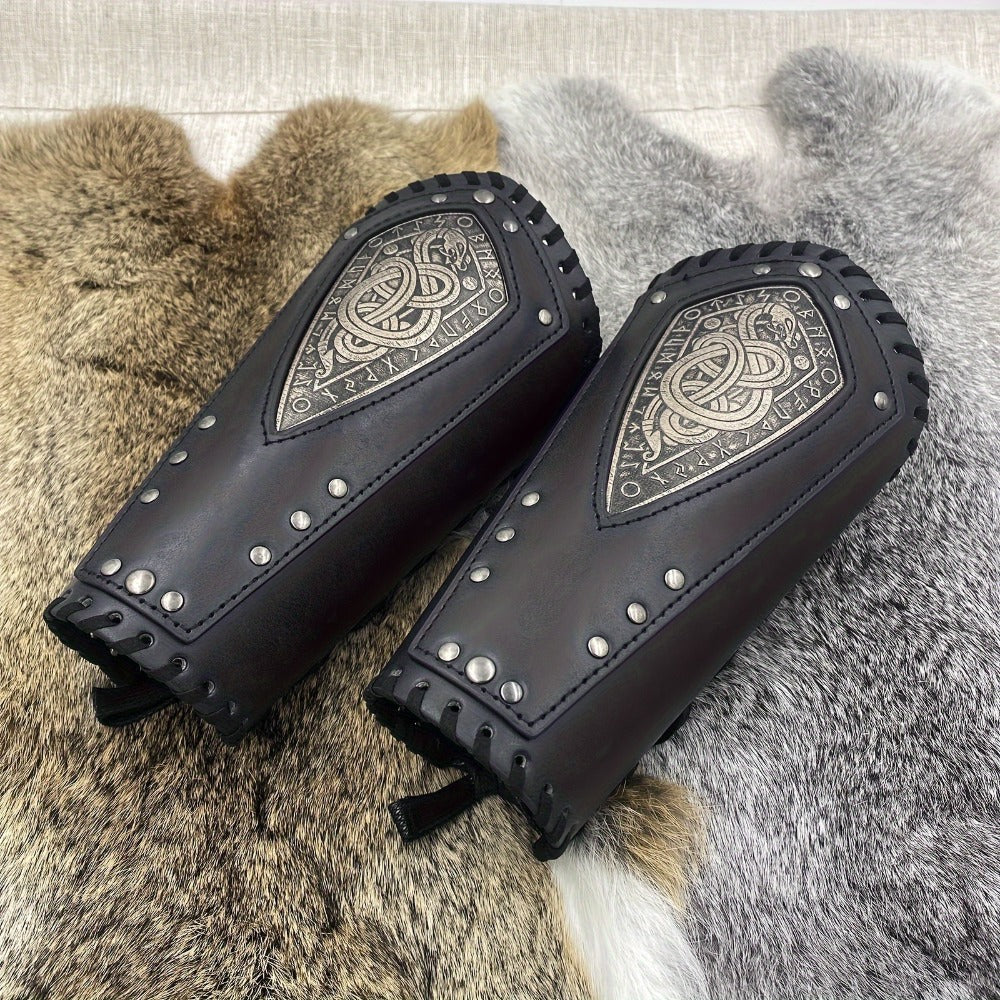 Two-Piece Faux Leather Norse Snake Wrist Guard Set, 23 x 12 cm Costume Bracers in Black or Coffee