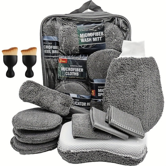 11-Piece Car Cleaning Kit – Tire Brush, Microfiber Wash Gloves, Thick Absorbent Pads & Detail Sponges for Interior & Exterior Car Detailing, Complete Auto Wash Set, Gray