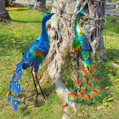 Solar Peacock Garden Statue with Blue Metal-Look Body, Hollow Feather Panels and Flickering Tail LEDs
